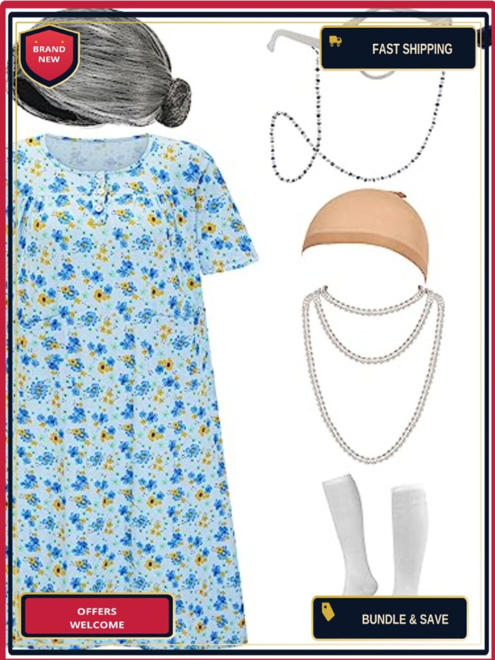 Old Lady Costume Set Granny Dress Wig Cane Glasses 8-Piece